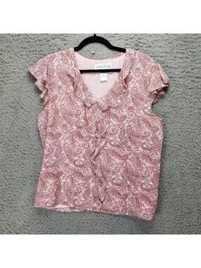 Jones Wear Top Womens 12 Pink Paisley Silk Lined Short Sleeve V Neck Blouse